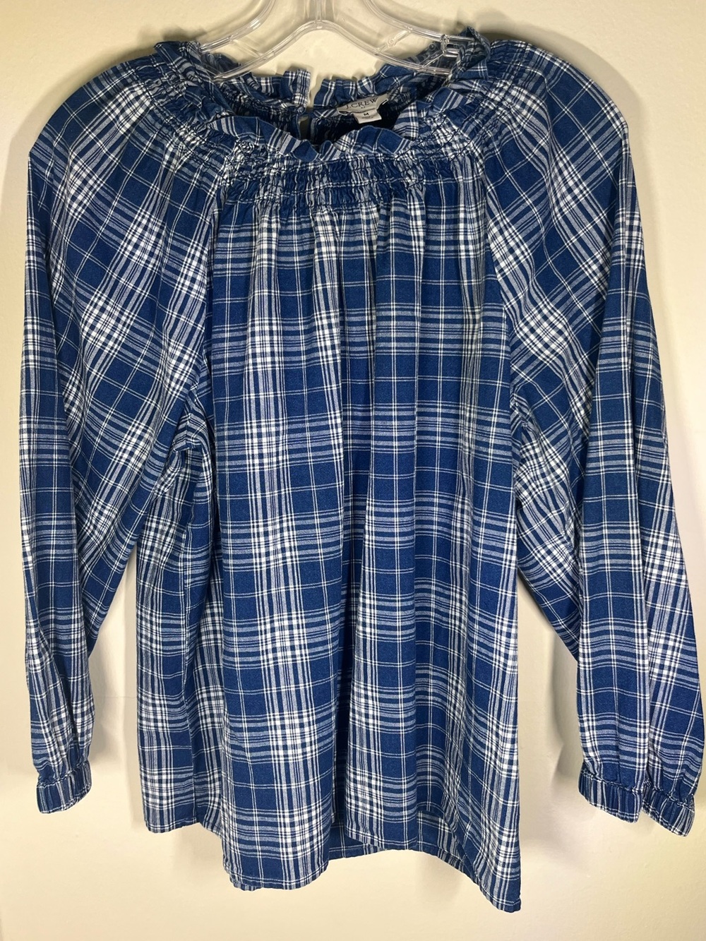 Women's J. Crew Blue and White Plaid Long-Sleeve Peasant Preppy Cotton Top